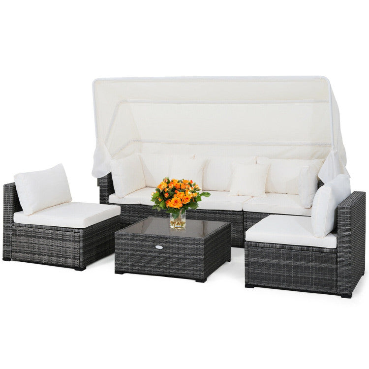 6 Piece Patio Rattan Furniture Set with Retractable Canopy