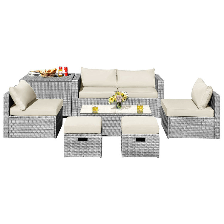 8-Piece Patio Cushioned Rattan Furniture Set with Storage and Waterproof Cover