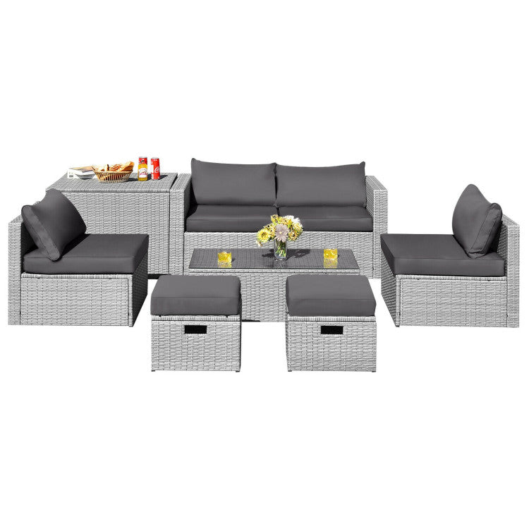 8-Piece Patio Cushioned Rattan Furniture Set with Storage and Waterproof Cover