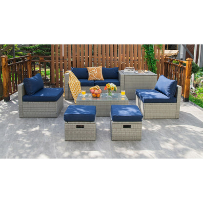 8-Piece Patio Cushioned Rattan Furniture Set with Storage and Waterproof Cover