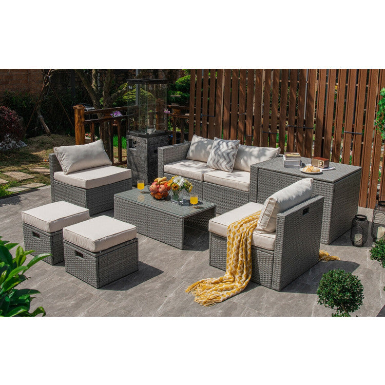 8-Piece Patio Cushioned Rattan Furniture Set with Storage and Waterproof Cover