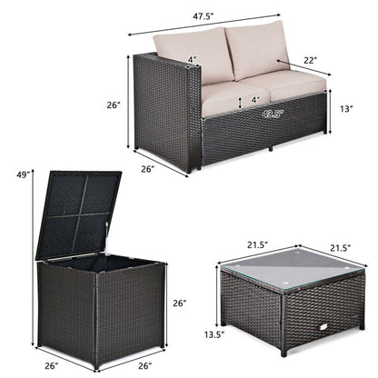 4 Piece Outdoor Patio Rattan Furniture Set with Loveseat and Storage Box