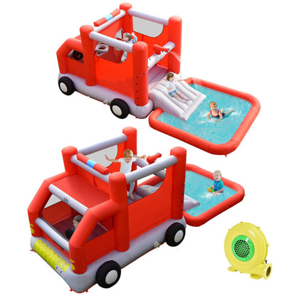 Fire Truck Themed Inflatable Kids Bounce House with 480W Blower