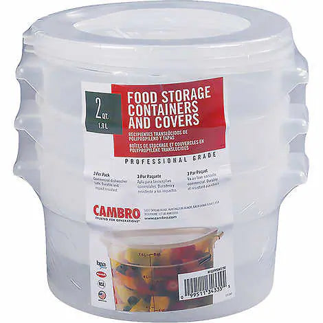 Cambro Round Food Storage Container with Lid, Translucent, Durable & Stain-Resistant, Easy-to-Read Graduations, Dishwasher Safe, 2-Quart, 3-Count