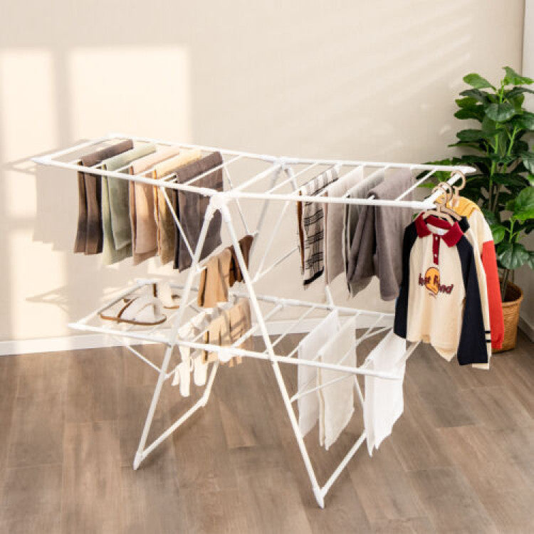 2-Level Foldable Clothes Drying Rack with Height-Adjustable Gullwings