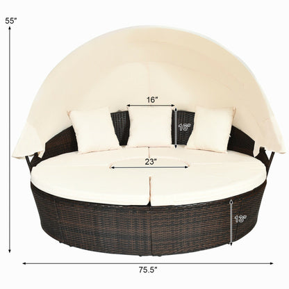 Patio Round Rattan Daybed with Retractable Canopy and Height-Adjustable Coffee Table