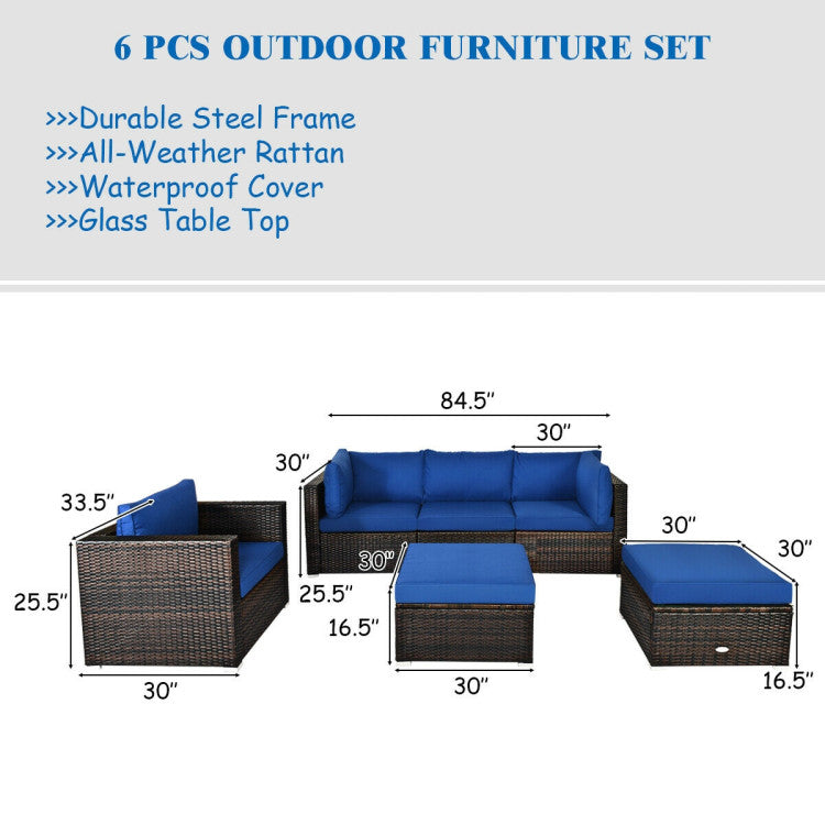 6 Piece Patio Rattan Furniture Set with Sectional Cushion