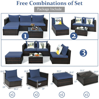 5 Pieces Patio Rattan Sectional Furniture Set with Cushions and Coffee Table