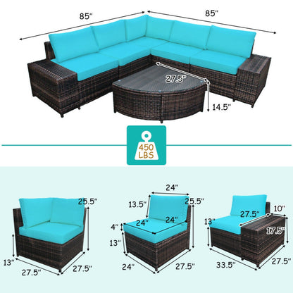 6-Piece Wicker Patio Sectional Sofa Set with Tempered Glass Coffee Table