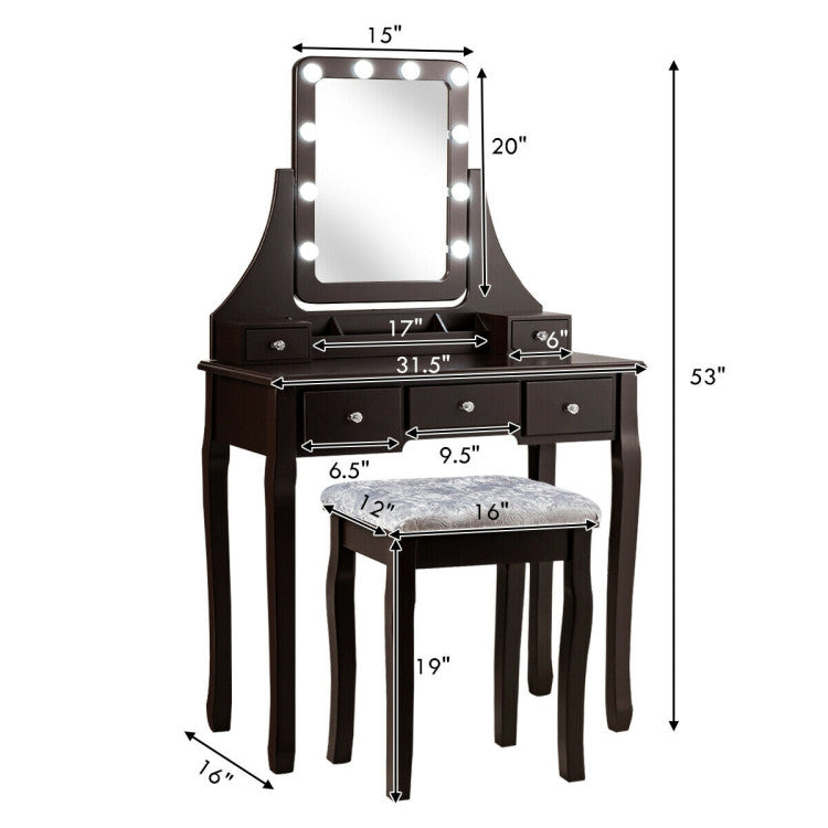 Vanity Dressing Table Set with 10 Dimmable Bulbs and Cushioned Stool