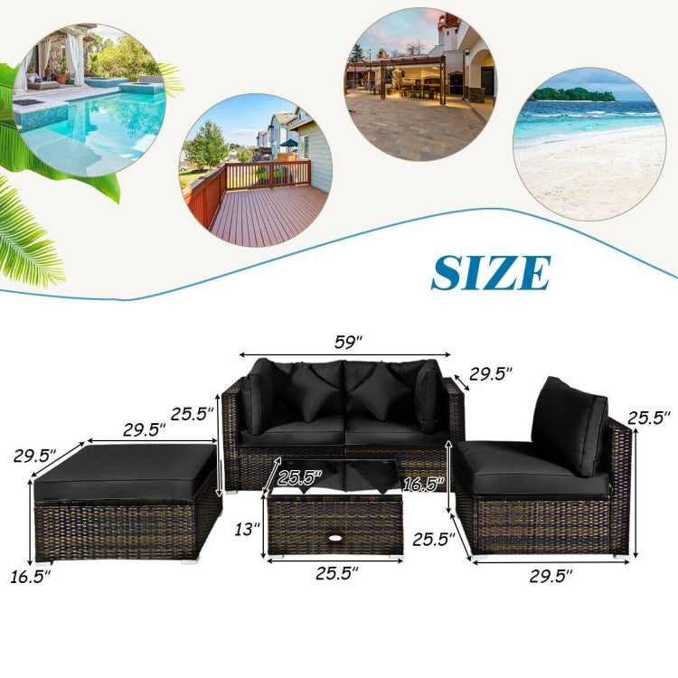 5 Piece Outdoor Patio Rattan Furniture Set Sectional Conversation with Cushions