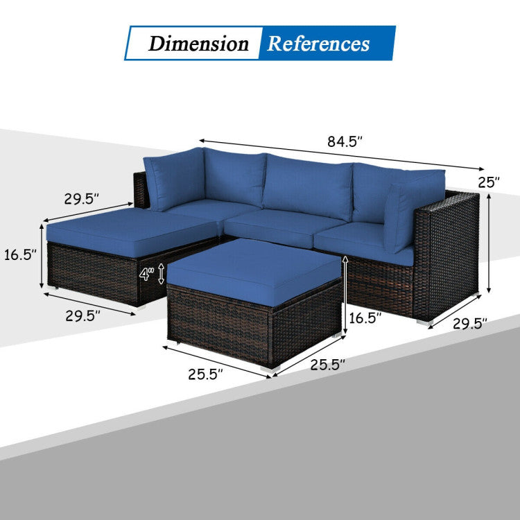 5 Piece Patio Sectional Rattan Furniture Set with Ottoman Table