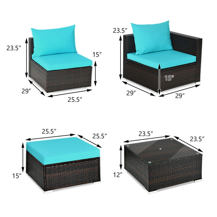 5 Pieces Patio Rattan Sectional Furniture Set with Cushions and Coffee Table