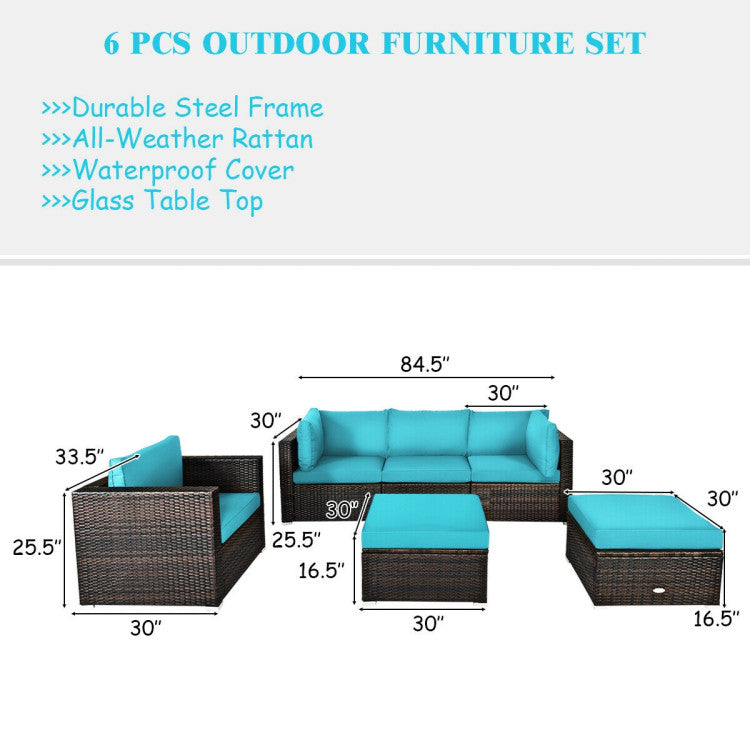 6 Piece Patio Rattan Furniture Set with Sectional Cushion