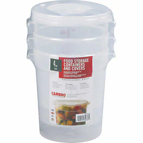 Cambro Round Food Storage Container with Lid, Stain-Resistant Polypropylene, Dishwasher Safe, Translucent, NSF approved, 4 Quart, 3-Count