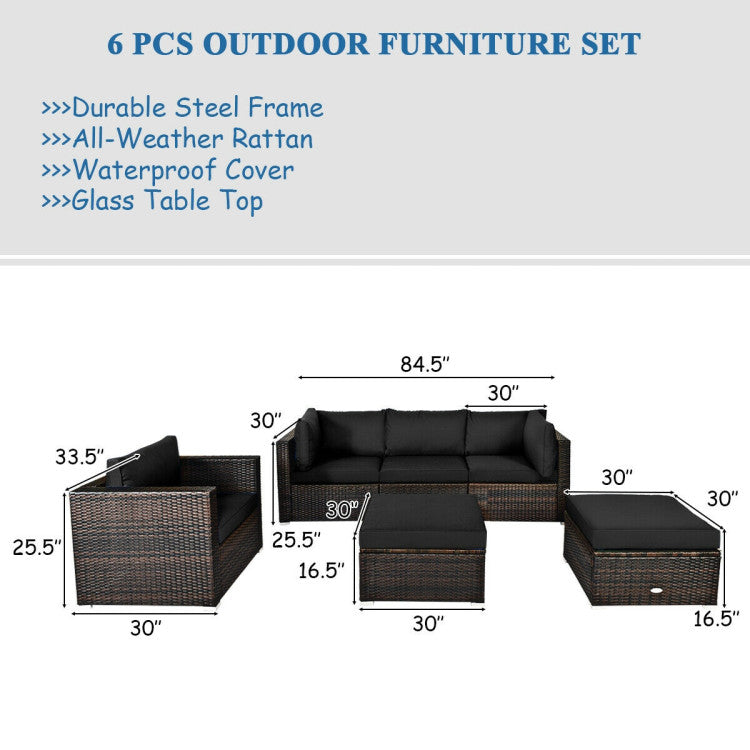 6 Piece Patio Rattan Furniture Set with Sectional Cushion