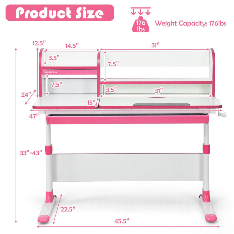 Adjustable-Height Study Desk with Drawer and Tilted Desktop for School and Home