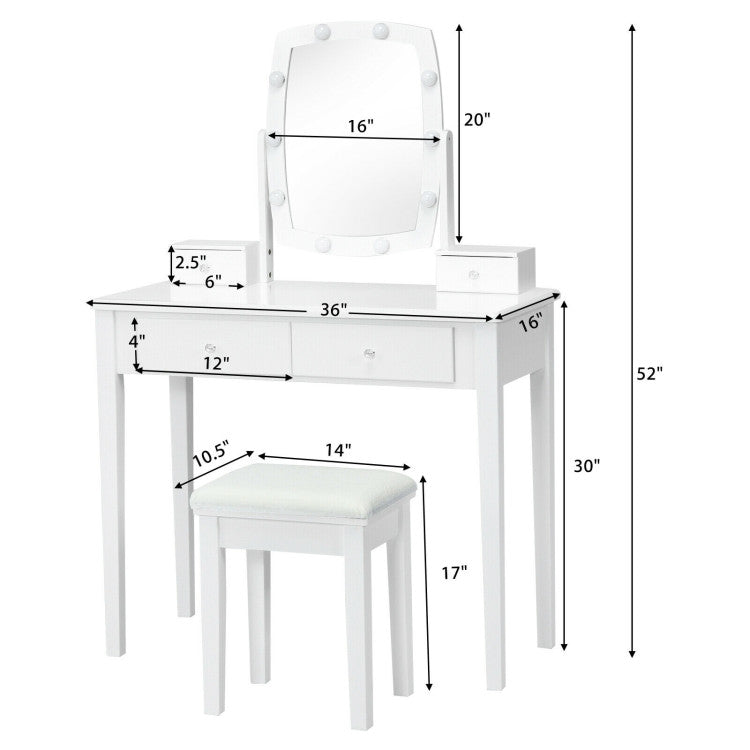 Vanity Table Set with Lighted Mirror for Bedroom and Dressing Room