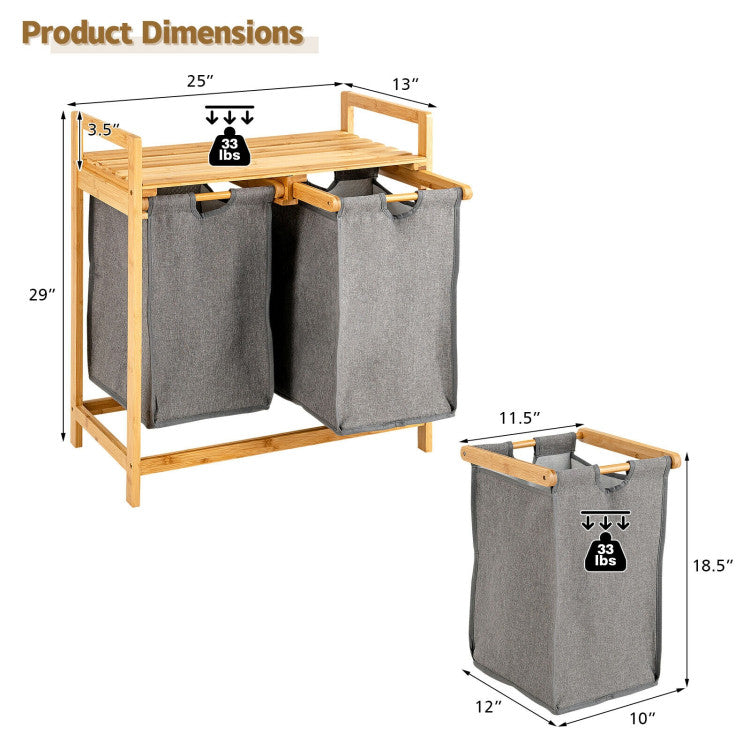 Bamboo Laundry Hamper with Dual Compartment Laundry Sorter and Sliding Bags