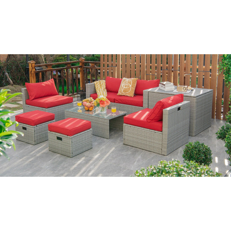 8-Piece Patio Cushioned Rattan Furniture Set with Storage and Waterproof Cover