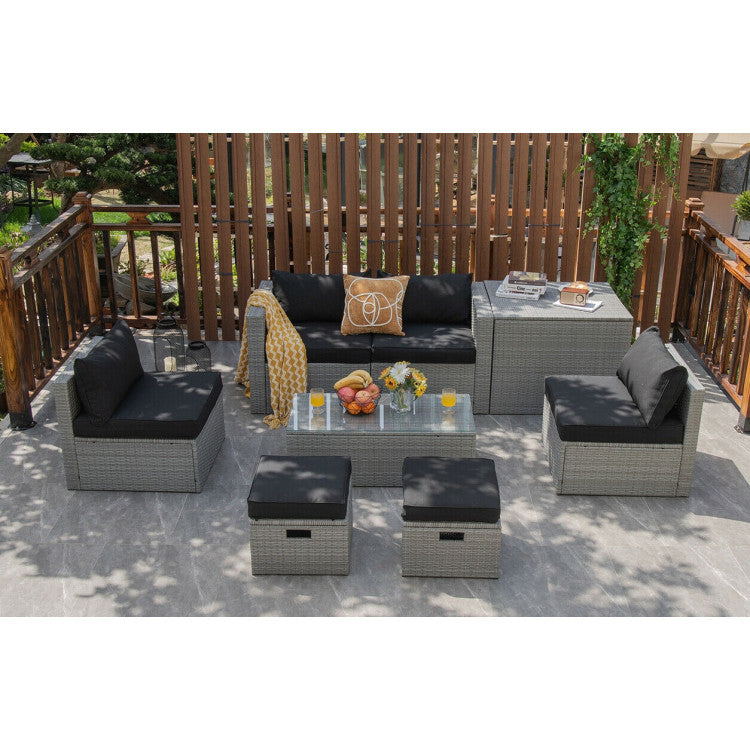 8-Piece Patio Cushioned Rattan Furniture Set with Storage and Waterproof Cover