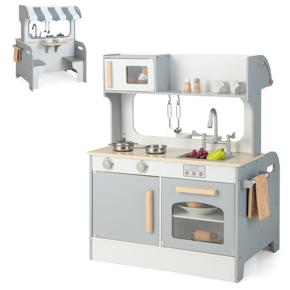Double-Sided Kids Pretend Kitchen Playset with 2-Seat Cafe