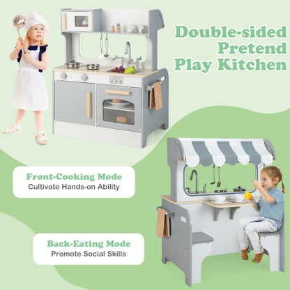 Double-Sided Kids Pretend Kitchen Playset with 2-Seat Cafe