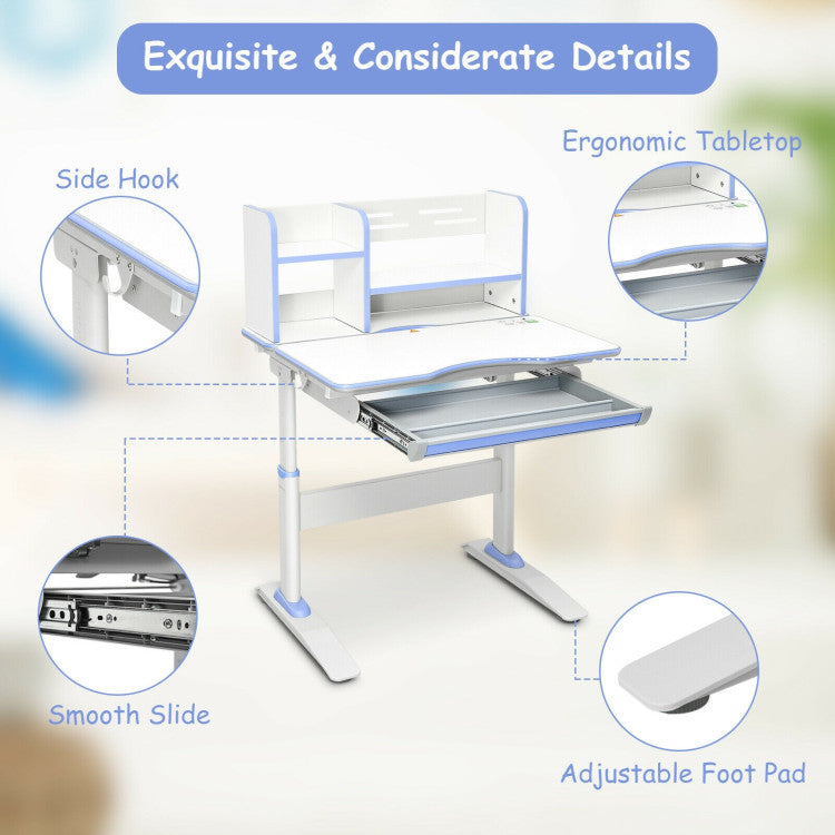 Kids Multifunctional Writing Desk with Tilt Desktop and Book Shelf