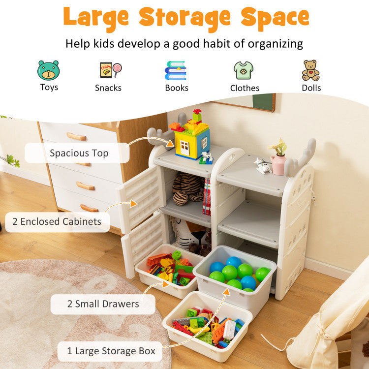 31-Inch Toy Chest and Bookshelf for Toddlers with Enclosed Cabinets and Pull-Out Drawers