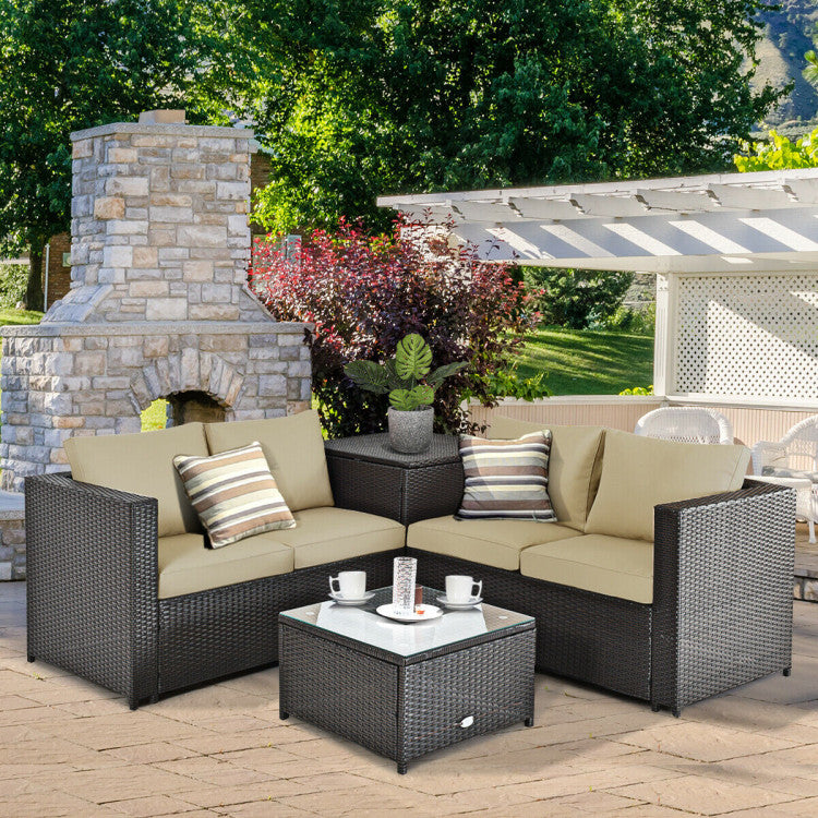 4 Piece Outdoor Patio Rattan Furniture Set with Loveseat and Storage Box