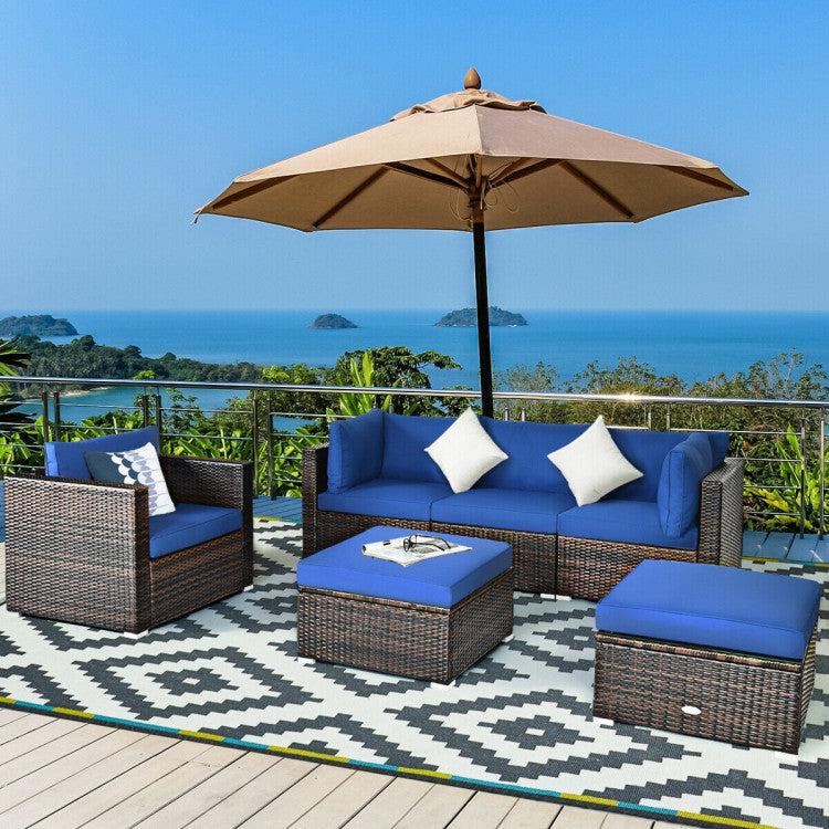 6 Piece Patio Rattan Furniture Set with Sectional Cushion