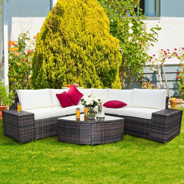 6-Piece Wicker Patio Sectional Sofa Set with Tempered Glass Coffee Table