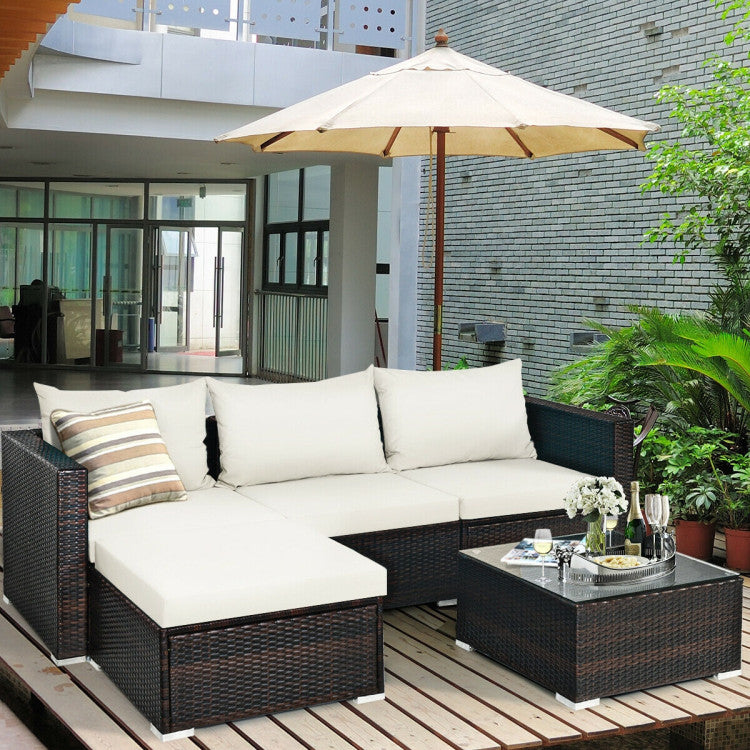 5 Pieces Patio Rattan Sectional Furniture Set with Cushions and Coffee Table