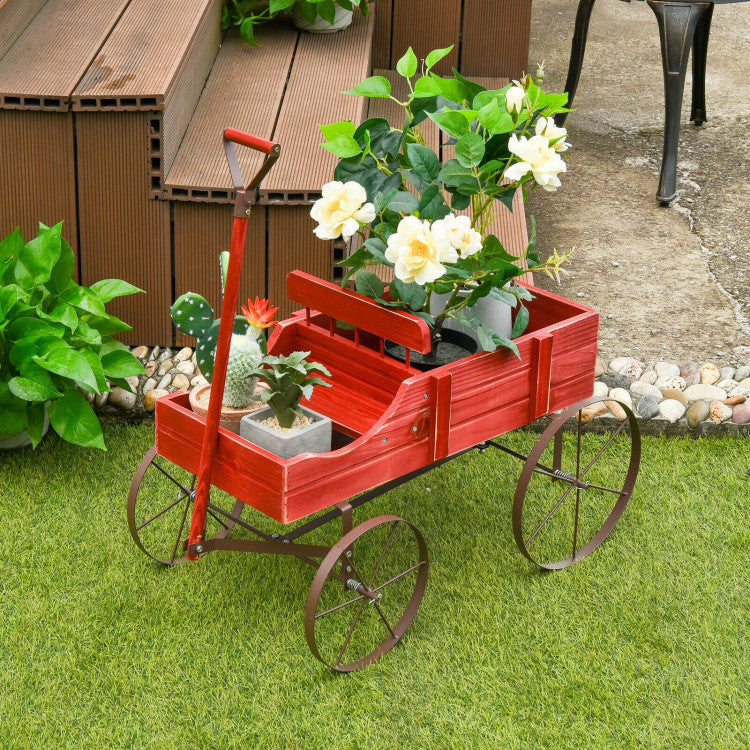 Wooden Wagon Plant Bed with Metal Wheels for Garden Yard Patio