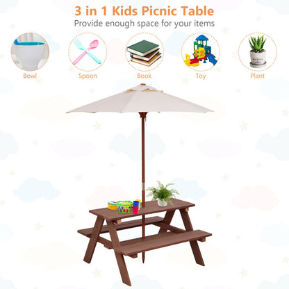 4-Seat Outdoor Kids Picnic Table Bench Set with Removable Umbrella