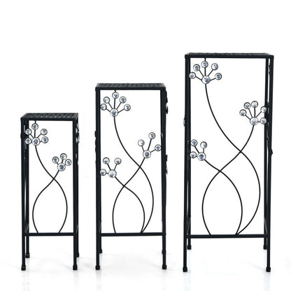 3 Piece Flower Pot Display Rack with Vines and Crystal Floral Accents Square