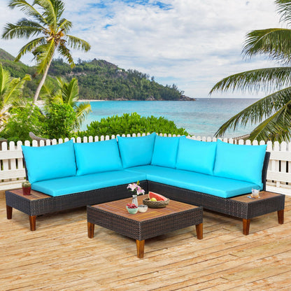 4 Piece Patio Cushioned Rattan Furniture Set with Wooden Side Table