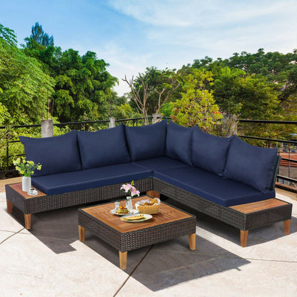 4 Piece Patio Cushioned Rattan Furniture Set with Wooden Side Table