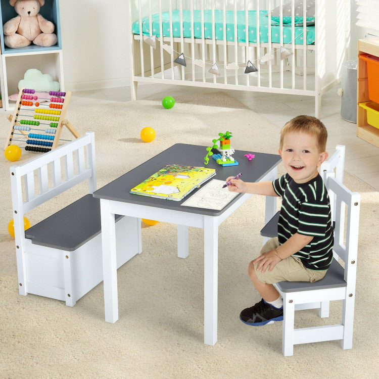 4 Piece Kids Wooden Activity Table and Chairs Set with Storage Bench