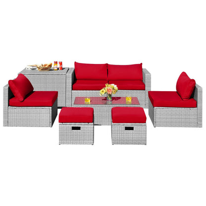 8-Piece Patio Cushioned Rattan Furniture Set with Storage and Waterproof Cover