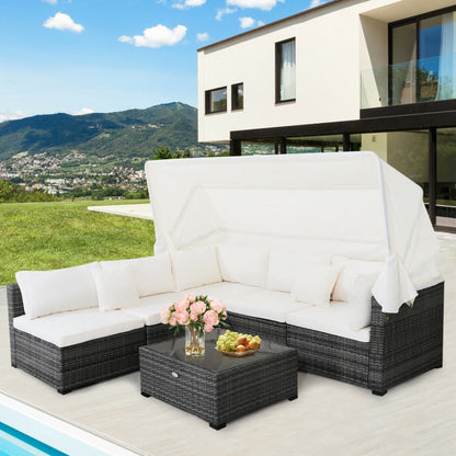 6 Piece Patio Rattan Furniture Set with Retractable Canopy