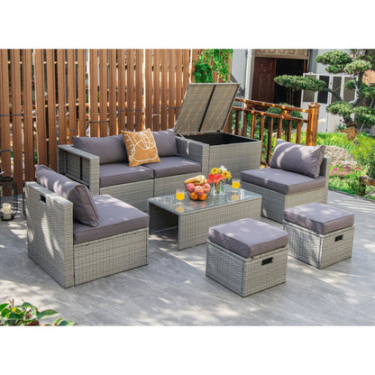 8-Piece Patio Cushioned Rattan Furniture Set with Storage and Waterproof Cover