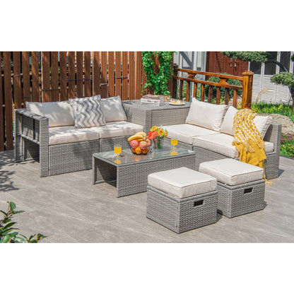 8-Piece Patio Cushioned Rattan Furniture Set with Storage and Waterproof Cover