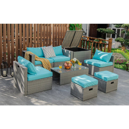 8-Piece Patio Cushioned Rattan Furniture Set with Storage and Waterproof Cover