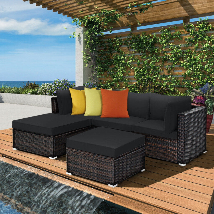 5 Piece Patio Sectional Rattan Furniture Set with Ottoman Table