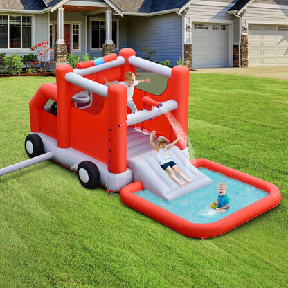 Fire Truck Themed Inflatable Kids Bounce House with 480W Blower