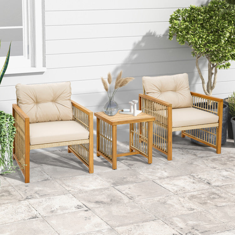 3 Piece Patio PE Wicker Conversation Set with Acacia Wood Frame and Cushions