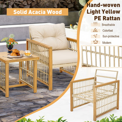 3 Piece Patio PE Wicker Conversation Set with Acacia Wood Frame and Cushions