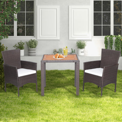3 Piece Patio Wicker Furniture Set with Acacia Wood Table Top and Chair Cushions