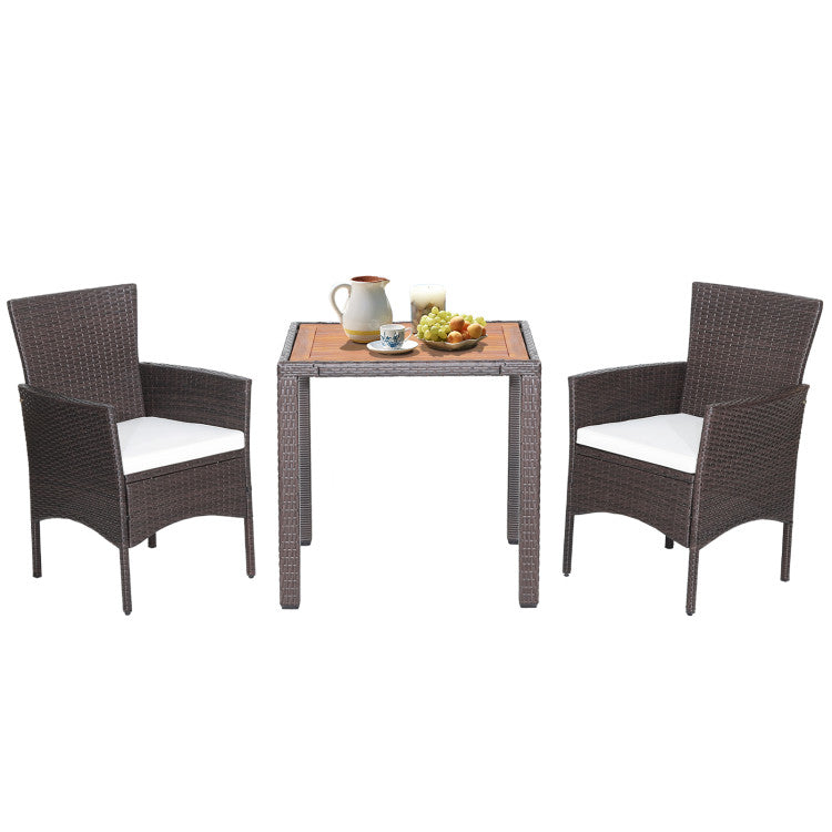 3 Piece Patio Wicker Furniture Set with Acacia Wood Table Top and Chair Cushions